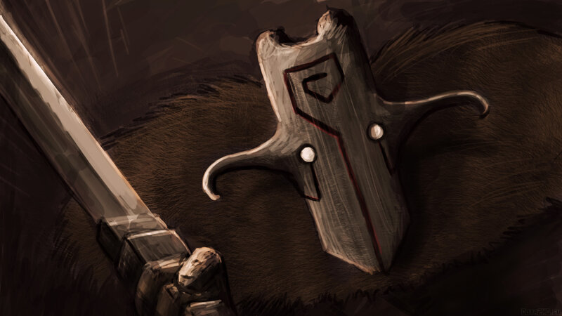 sword and shield on ground