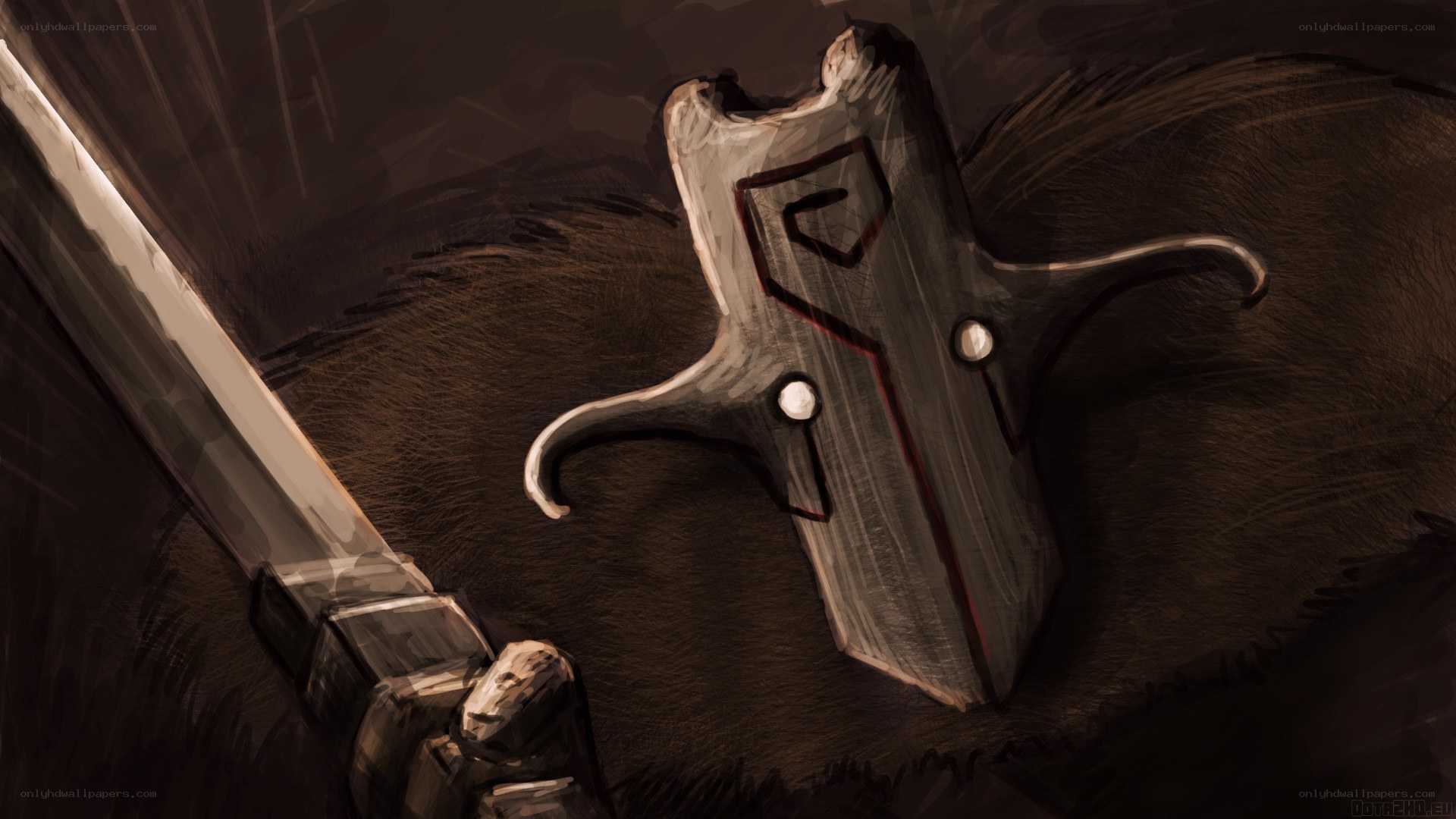 sword and shield on ground
