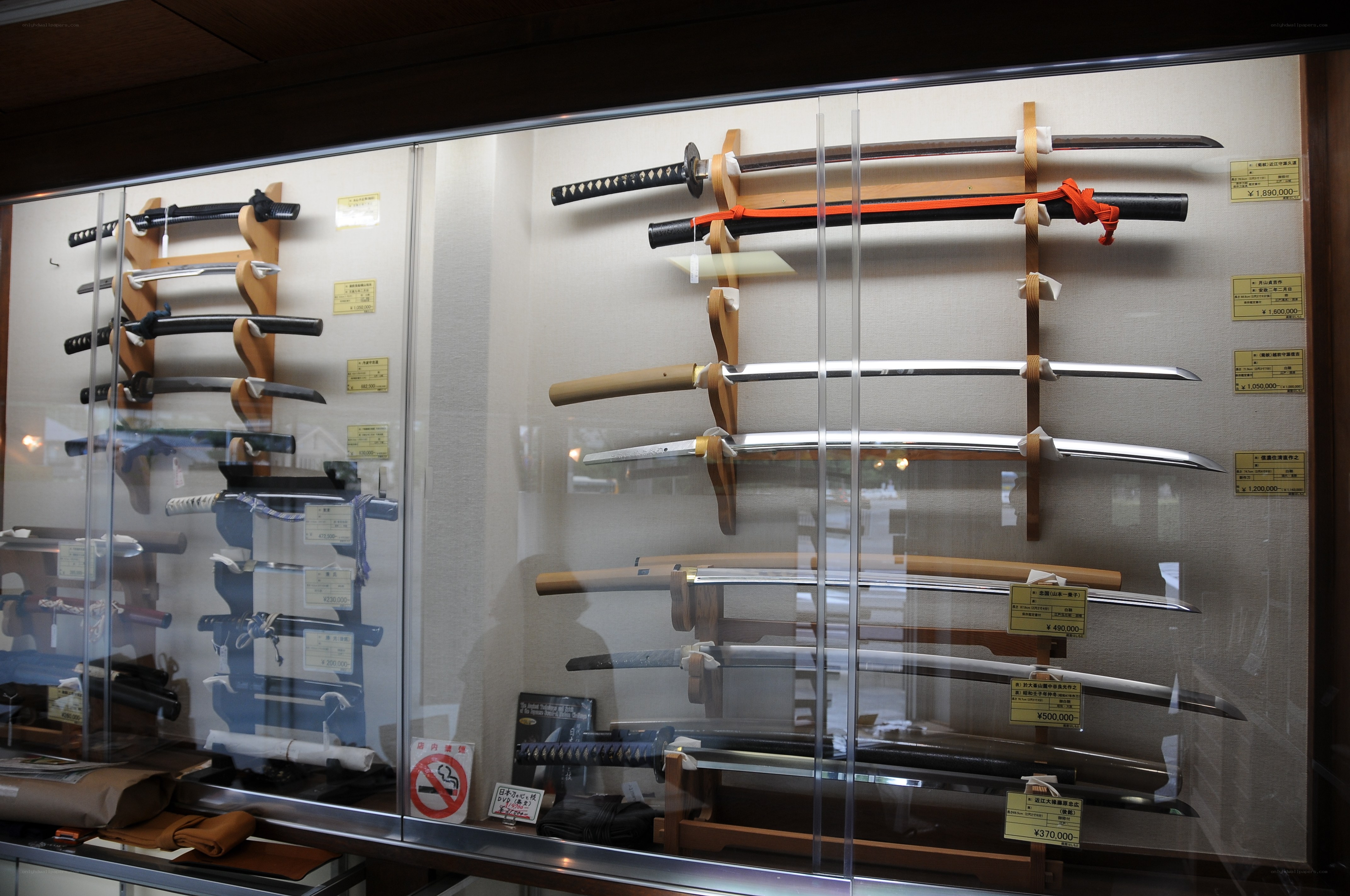 Sword display in a glass case