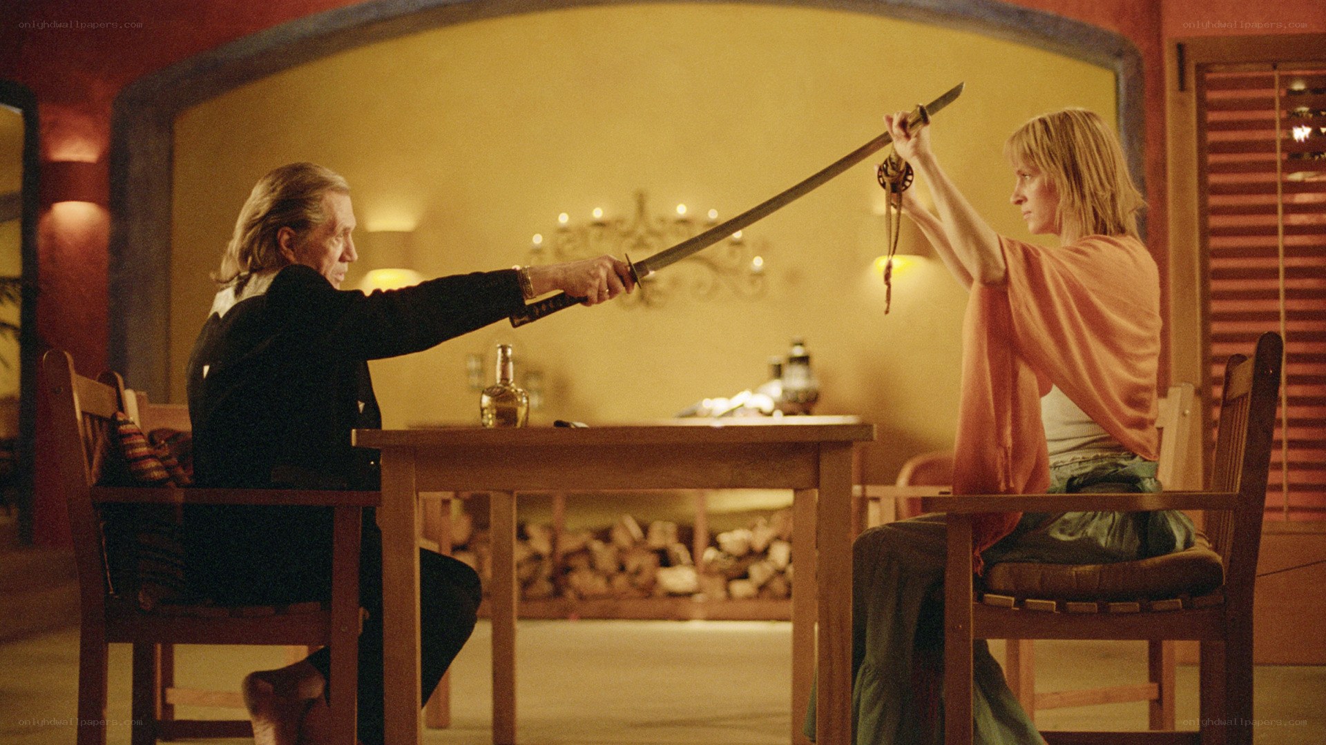 sword duel at a table