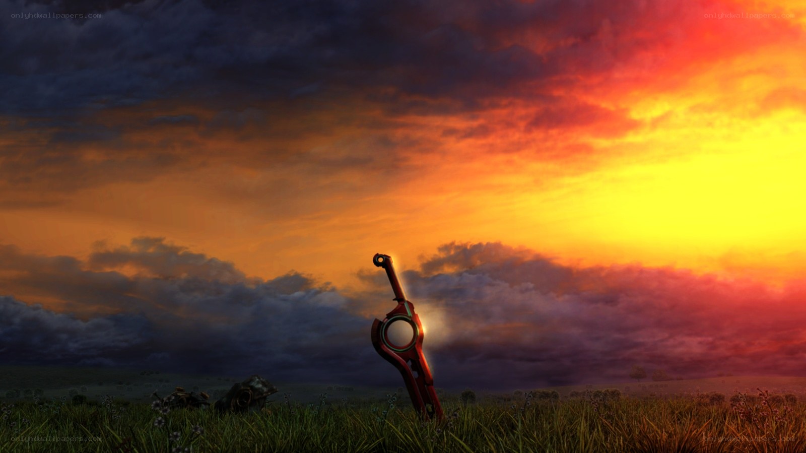 Sword in a field at sunset