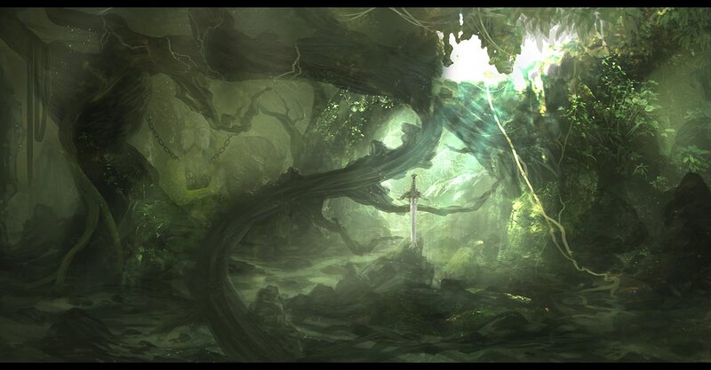 sword in a mystical forest