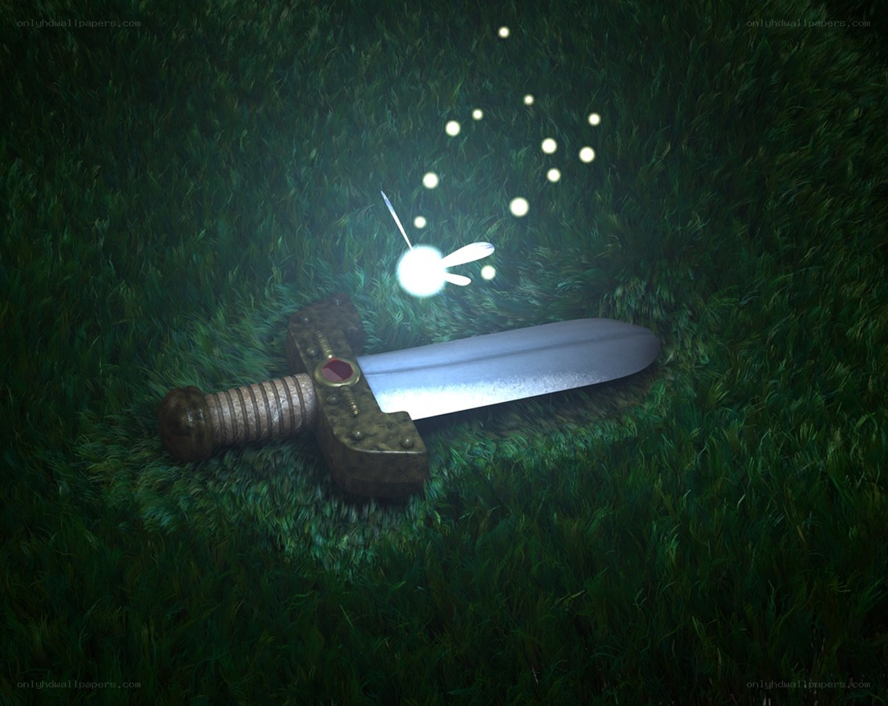 sword in grass with glowing insect