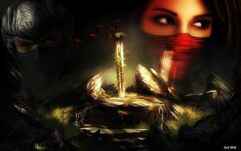 Sword in Stone — Black, Dramatic, Night, Digital Art, Ninja