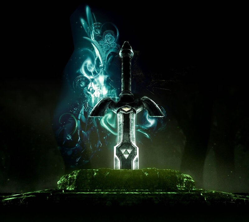 Sword in Stone — Black, Dramatic, Night, Digital Art, Stone Pedestal
