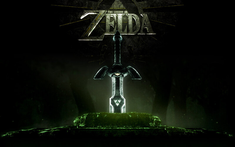 Sword in Stone — Black, Dramatic, Night, Digital Art, Stone Pedestal, Triforce Symbol