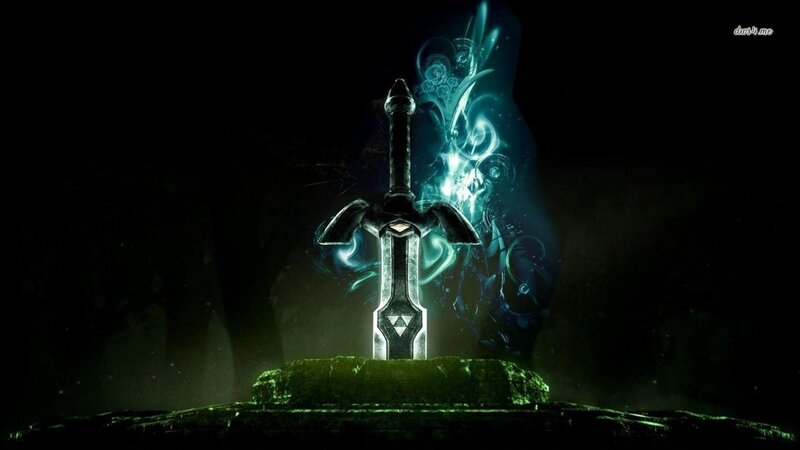 Sword in Stone — Black, Dramatic, Night, Digital Art, Triforce Symbol, Glowing Energy
