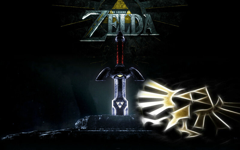 Sword in Stone — Black, Dramatic, Night, Digital Art, Triforce Symbol, Stone Pedestal