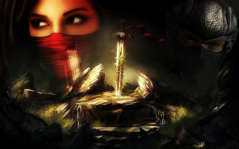 Sword in Stone — Black, Dramatic, Night, Digital Art, Woman