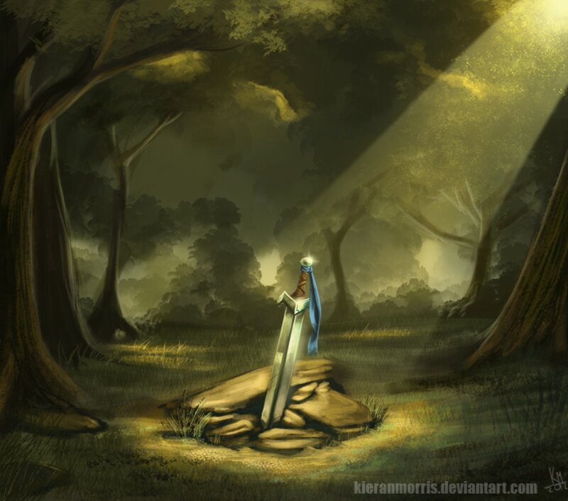 Sword in Stone — Green, Dramatic, Morning, Digital Art, Forest, Light Beam