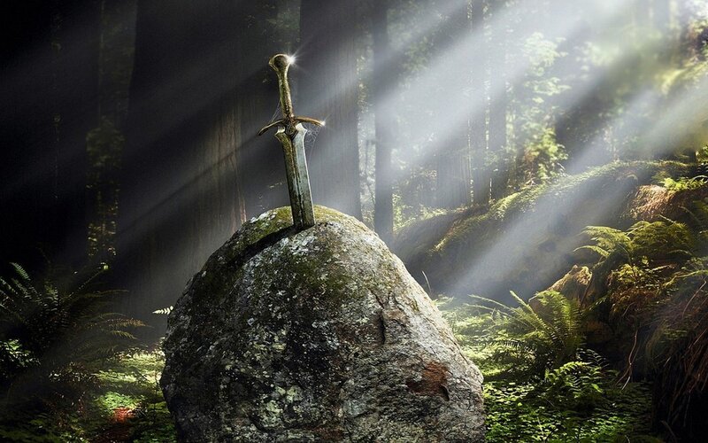 Sword in Stone — Green, Dramatic, Morning, Digital Art, Forest, Rock, Sunlight, Gray