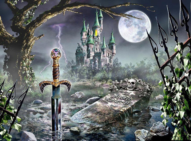 Sword in Stone — Green, Dramatic, Night, Digital Art, Castle