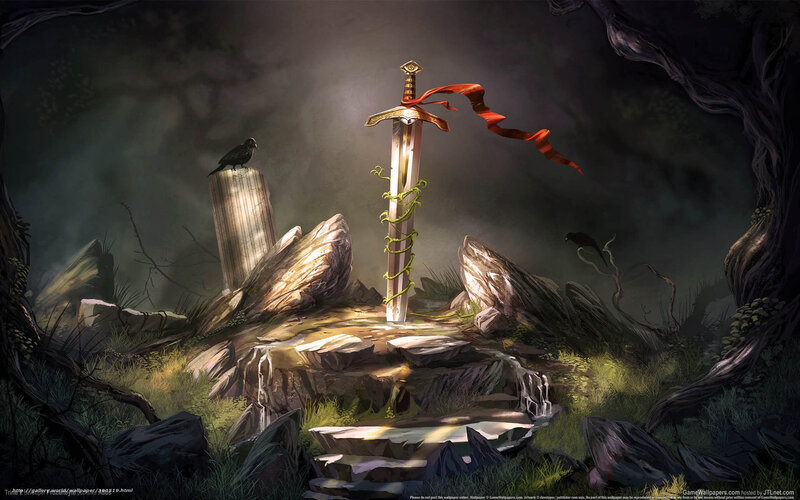 Sword in Stone — Green, Dramatic, Night, Digital Art, Crows, Vine