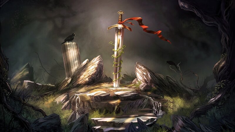 Sword in Stone — Green, Dramatic, Night, Digital Art