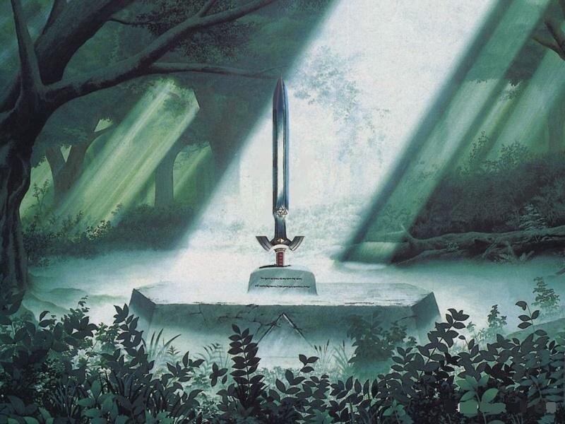 Sword in Stone — Green, Serene, Morning, Digital Art, Forest, Stone Pedestal