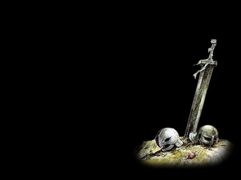 sword in stone with helmets