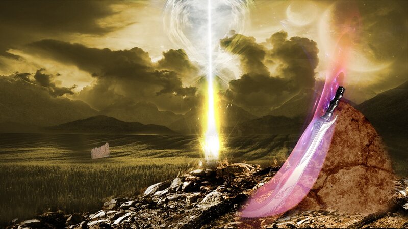 Sword of light in a mystical landscape