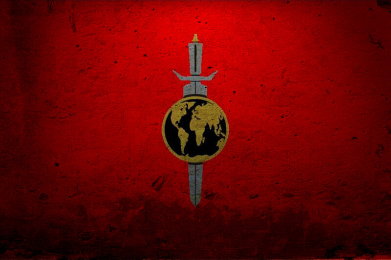 sword through globe symbol