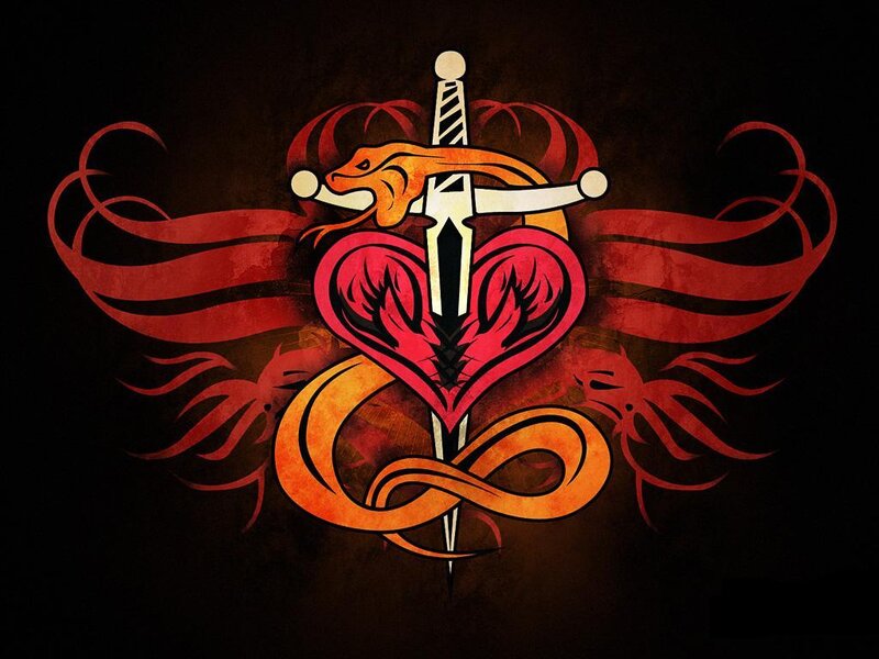Sword through heart with serpent