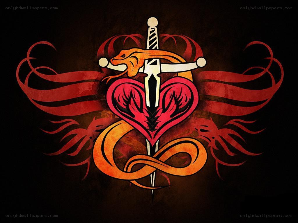 Sword through heart with serpent
