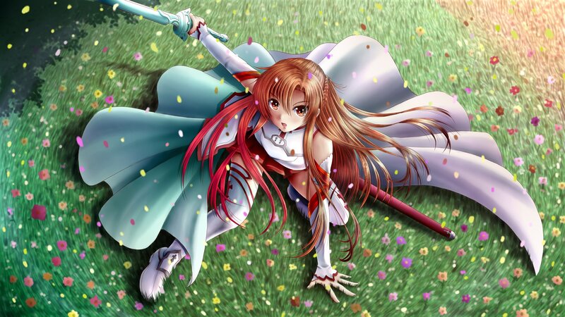 sword-wielding anime girl in field