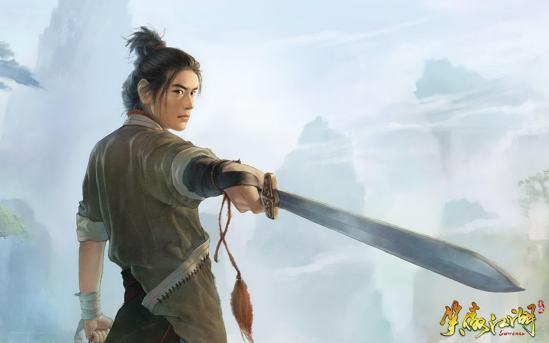 sword-wielding warrior in misty mountains