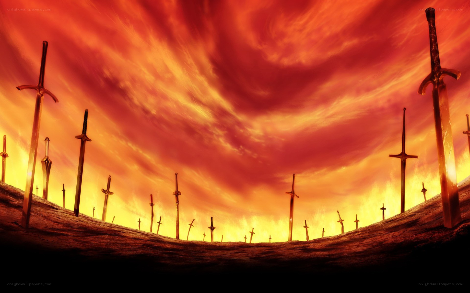 Swords in a fiery landscape