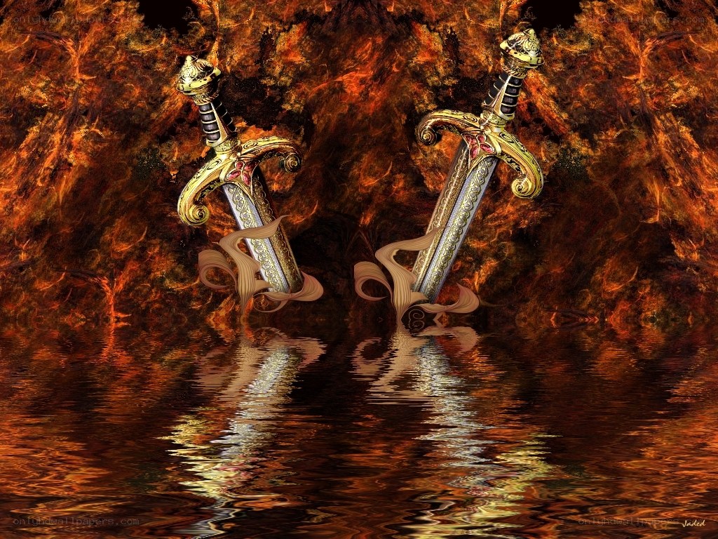 Swords in fiery water