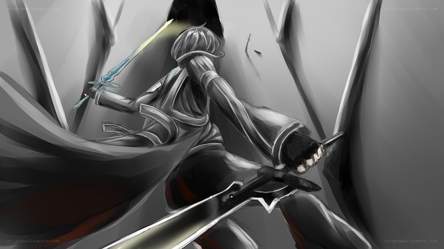 swordsman in a dark corridor