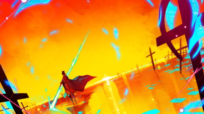 swordsman in fiery battlefield