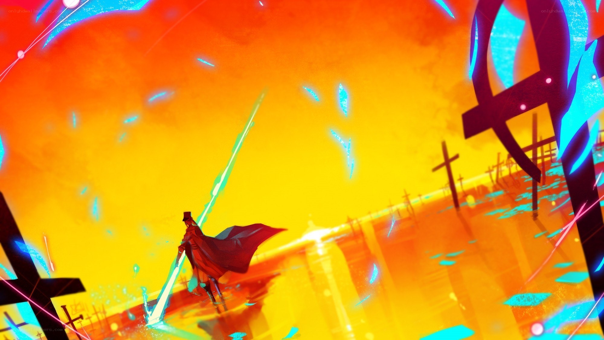 swordsman in fiery battlefield