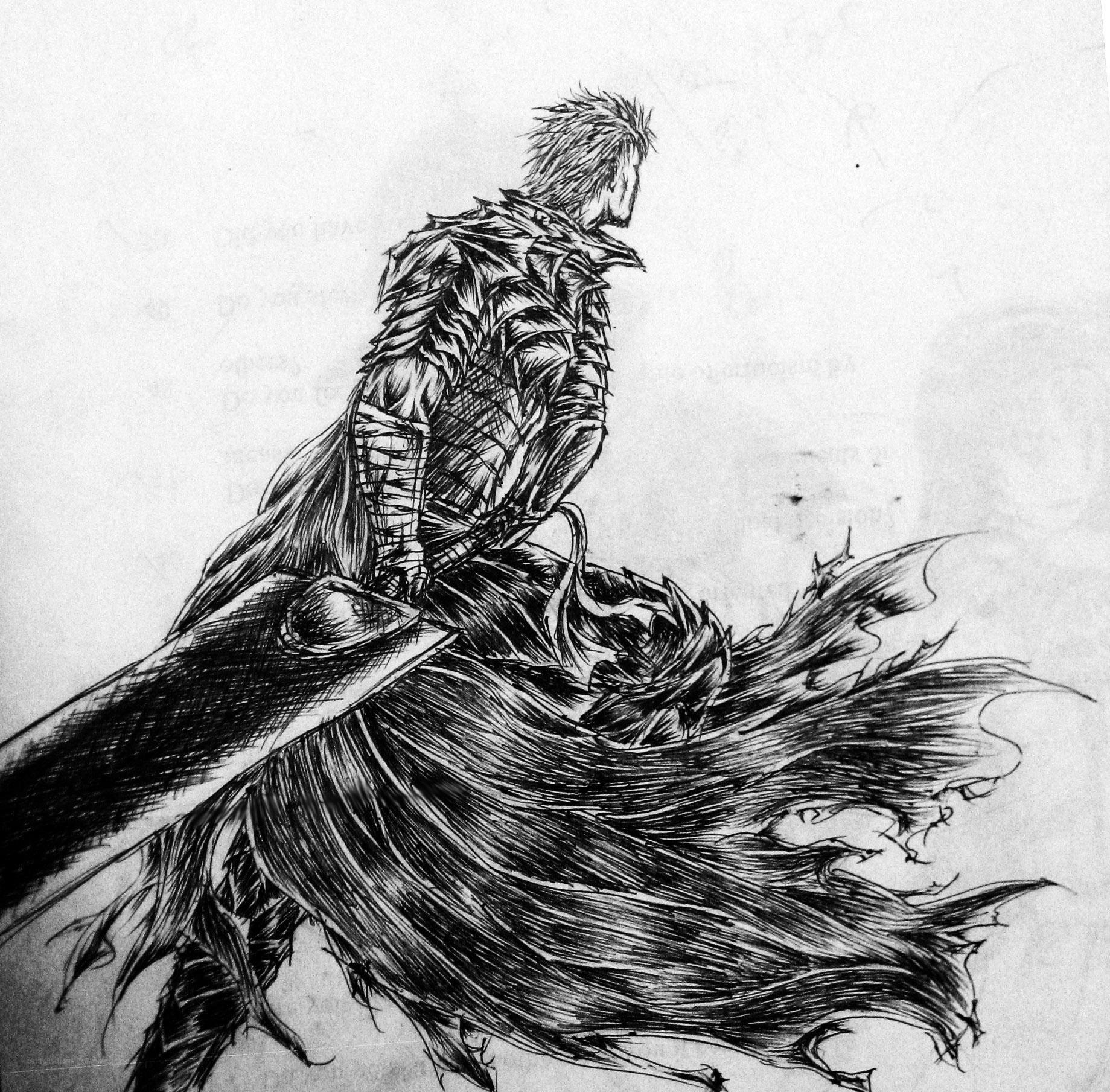 swordsman in flowing cloak