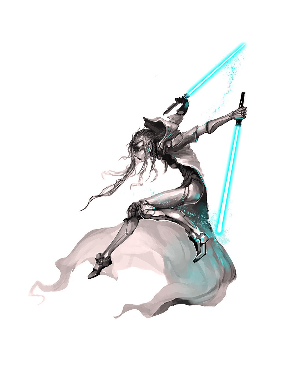 swordsman with blue lightsabers
