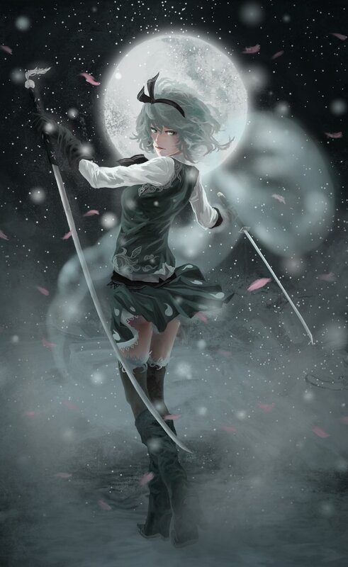swordswoman in moonlight