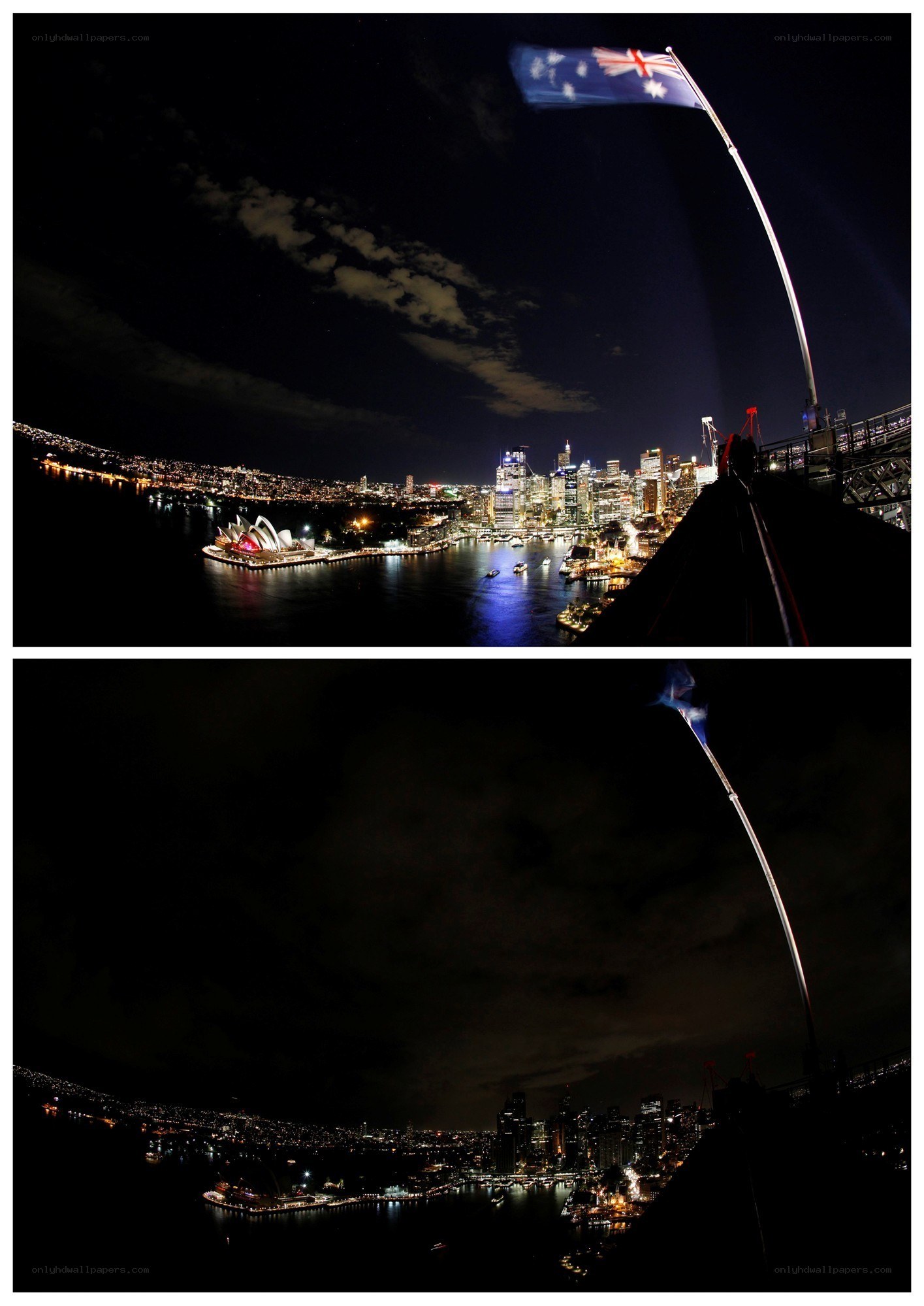 Sydney at night with flag