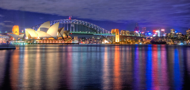 Sydney at night with Opera House and Harbour Bridge