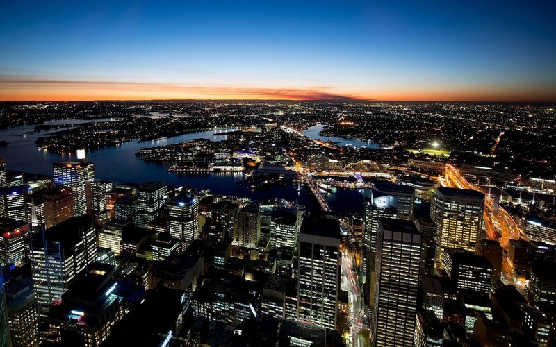 Sydney City Skyline — Blue, Dramatic, Sunset, Photograph, Buildings, River