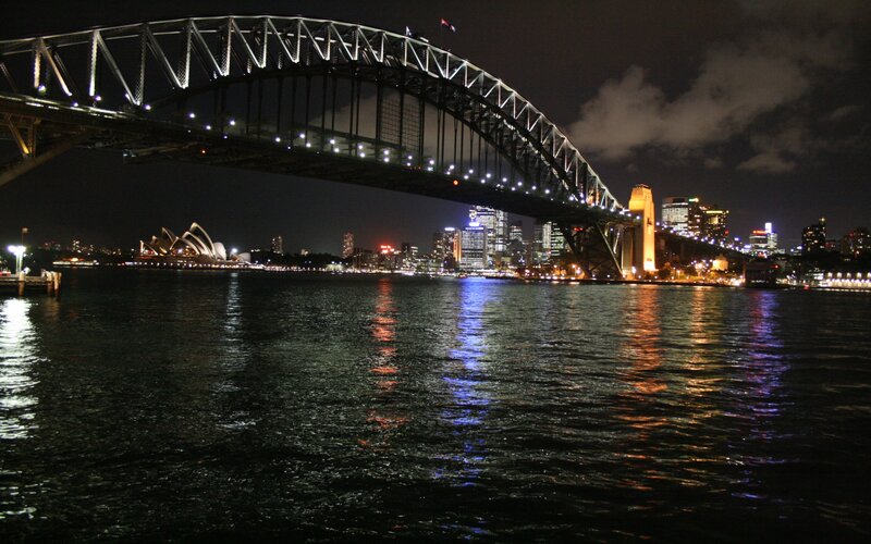 Sydney Harbour Bridge — Black, Dramatic, Night, Photograph, Sydney Opera House, City Skyline, Water, Blue, Orange
