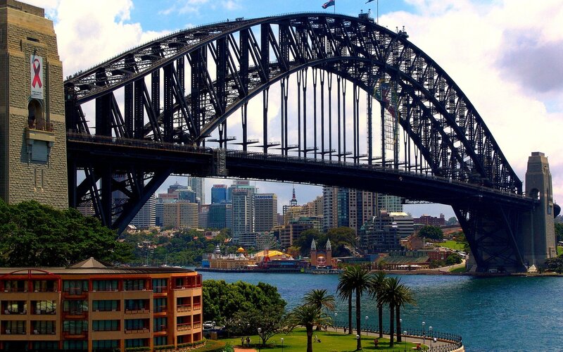 Sydney Harbour Bridge — Blue, Dramatic, Afternoon, Photograph, City Skyline, Palm Trees