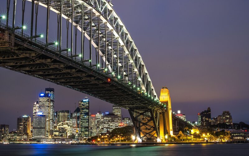 Sydney Harbour Bridge — Blue, Dramatic, Night, Photograph, City Skyline, Buildings