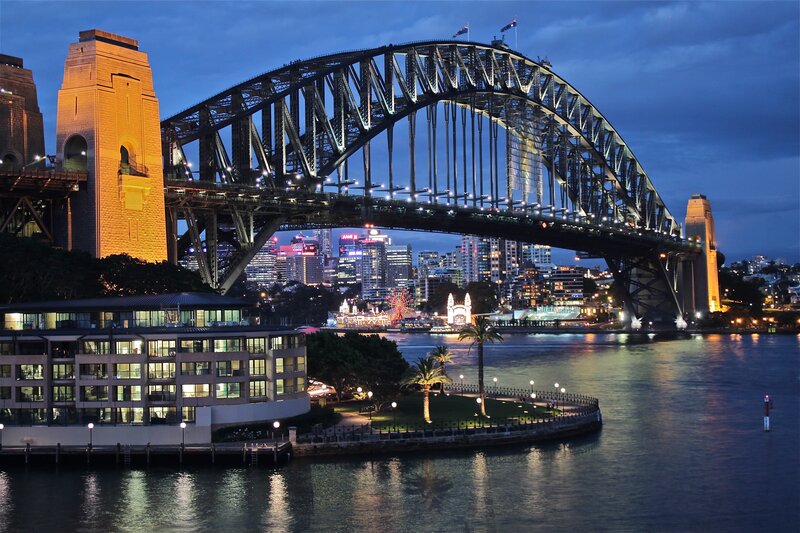 Sydney Harbour Bridge — Blue, Dramatic, Night, Photograph, City Skyline, Ferris Wheel