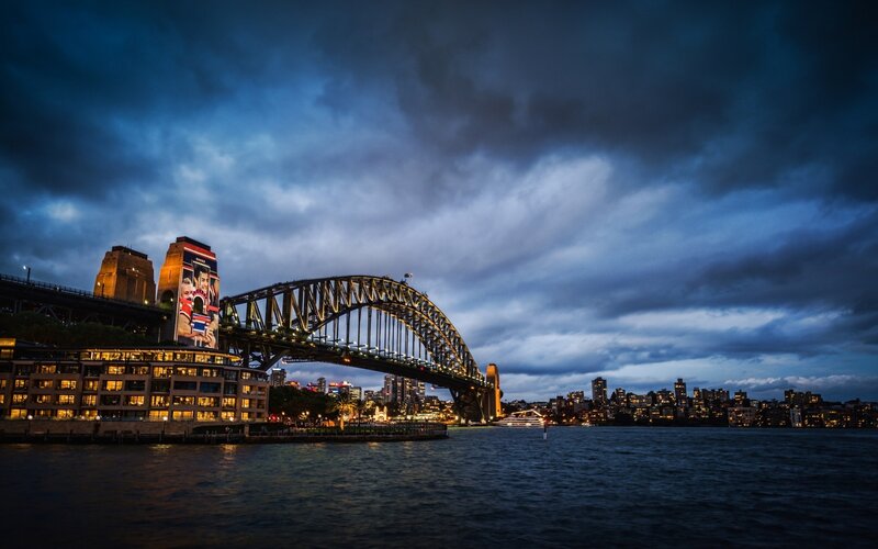 Sydney Harbour Bridge — Blue, Dramatic, Night, Photograph, City Skyline, Harbour Water, Building Facade