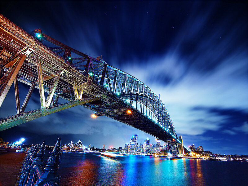 Sydney Harbour Bridge — Blue, Dramatic, Night, Photograph, City Skyline, Opera House