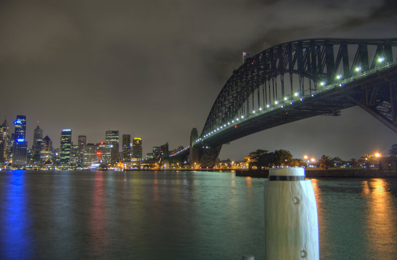 Sydney Harbour Bridge — Blue, Dramatic, Night, Photograph, City Skyline, Water, Pier Post
