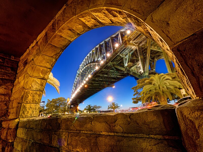 Sydney Harbour Bridge — Blue, Dramatic, Night, Photograph, Stone Arch