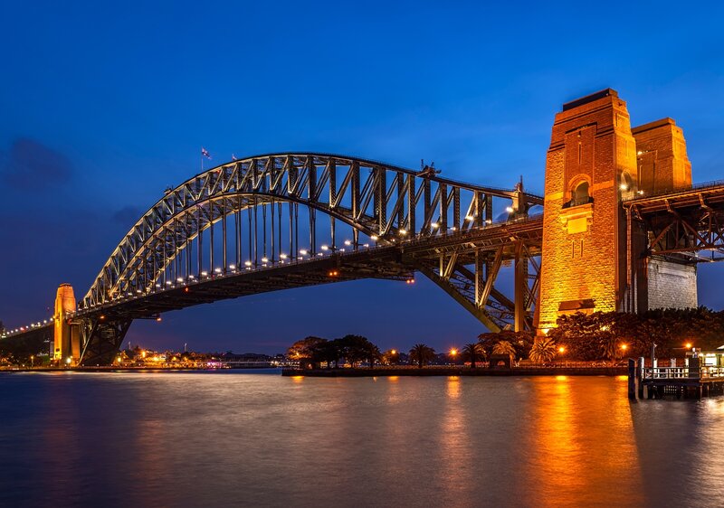 Sydney Harbour Bridge — Blue, Dramatic, Night, Photograph, Water