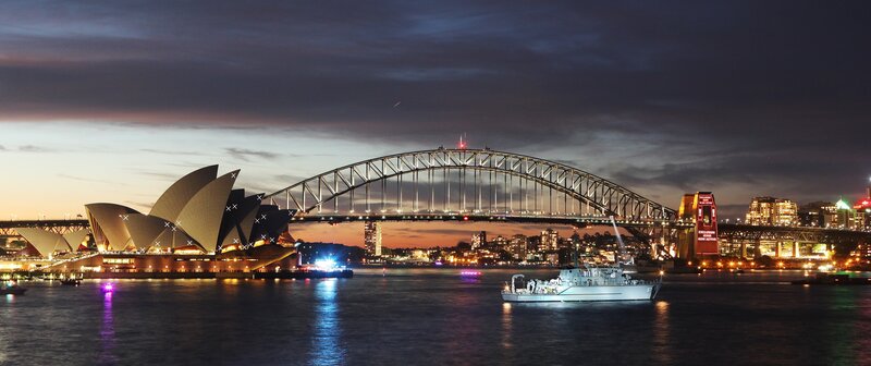 Sydney Opera House and Bridge — Blue, Dramatic, Night, Photograph