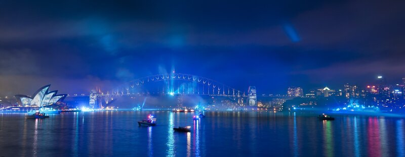 Sydney Opera House and Bridge — Blue, Dramatic, Night