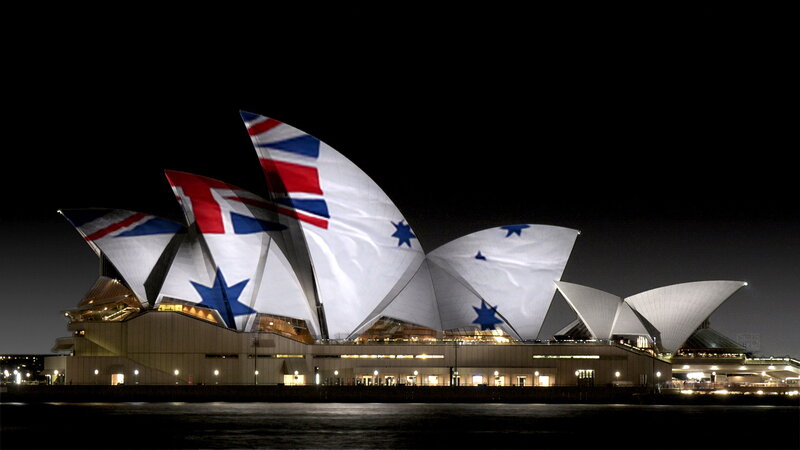 Sydney Opera House — Black, Dramatic, Night, Photograph, Australian Flag