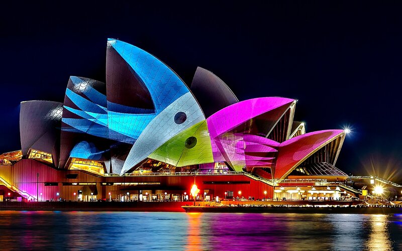 Sydney Opera House — Blue, Dramatic, Night, Photograph, Building, Water, Lights